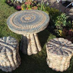 Stunning Bespoke Summer Furniture - prefect for outdoors, conservatories, sun rooms, kitchens, smaller dining rooms.

This beautiful woven set is a real talking piece as it is bespoke and a unique item not available on the high street.

ONLY ONE AVAILABLE

Recycled Material

Can deliver if North-East based.

Table top removes as shown in images.