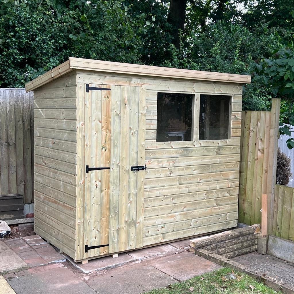 Contact: 07827 915 499

8x6 pent roof shed
Also available in other sizes
contact us for pricing

Construction details are as follows

Heavy duty 13mm t&g roofing
Heavy duty 22mm (1") flooring
40kg green or blue mineral felt
13mm t&g cladding
3x2 (75mm x 50mm) framework including the roof & floor
6ft high x 26” wide door(can be made wider)
24"x24" windows
door comes with pad bolts as in the photo

The whole shed does come pre treated with Tanalith - E
even though the shed is fully tanalised we do recommend at least one coat of oil based paint or a varnish of your choice
Delivery and fitting is free anywhere in the west midlands, We will deliver anywhere else at a reasonable fee and fitting would be free on the day of the delivery as long as you have easy access and a solid level base.
For further information, please call us on
07827 915 499
Thanks