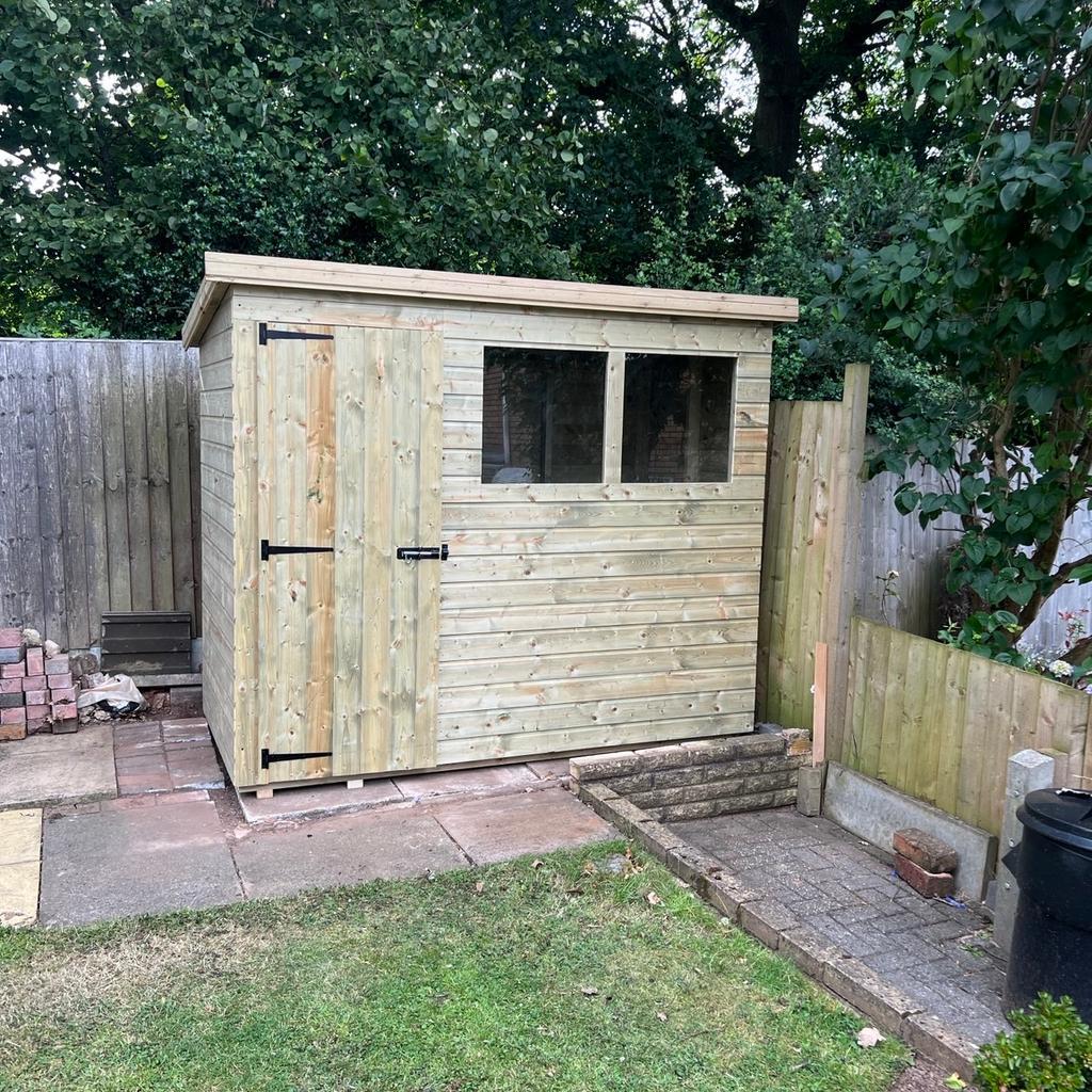Contact: 07827 915 499

8x6 pent roof shed
Also available in other sizes
contact us for pricing

Construction details are as follows

Heavy duty 13mm t&g roofing
Heavy duty 22mm (1") flooring
40kg green or blue mineral felt
13mm t&g cladding
3x2 (75mm x 50mm) framework including the roof & floor
6ft high x 26” wide door(can be made wider)
24"x24" windows
door comes with pad bolts as in the photo

The whole shed does come pre treated with Tanalith - E
even though the shed is fully tanalised we do recommend at least one coat of oil based paint or a varnish of your choice
Delivery and fitting is free anywhere in the west midlands, We will deliver anywhere else at a reasonable fee and fitting would be free on the day of the delivery as long as you have easy access and a solid level base.
For further information, please call us on
07827 915 499
Thanks