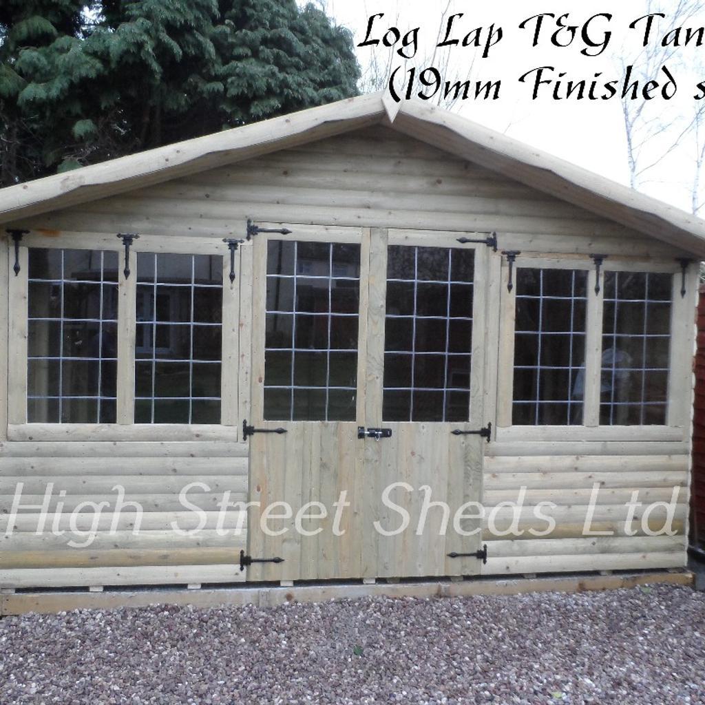 Contact: 07827 915 499
Description

12x10 summer house £1850.00
12x8 Summer house £1750.00
Also available in other sizes
contact us for pricing

Construction details are as follows

Heavy duty 13mm roofing
Heavy duty 22mm (1") flooring
40kg green or blue mineral felt
22mm Swedish T&G redwood log lap
3x2 (75mm x 50mm) framework including the roof & floor
6ft high x 50”wide doors
38” x 24" windows
doors come with pad bolts as in the photo

The whole shed does come pre treated with Tanalith - E
even though the shed is fully tanalised we do recommend at least one coat of oil based paint or a varnish of your choice
Delivery and fitting is free anywhere in the west midlands, We will deliver anywhere else at a reasonable fee and fitting would be free on the day of the delivery as long as you have easy access and a solid level base.
For further information, please call us on
07827 915 499
Thanks
