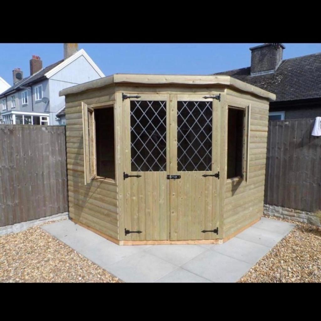 Contact: 07827 915 499
Description

8x8 corner summer house
Also available in other sizes
contact us for pricing

Construction details are as follows

Heavy duty 13mm roofing
Heavy duty 22mm (1") flooring
40kg green or blue mineral felt
22mm Swedish T&G redwood log lap
3x2 (75mm x 50mm) framework including the roof & floor
6ft high x 50”wide doors
38” x 24" windows
doors come with pad bolts as in the photo

The whole shed does come pre treated with Tanalith - E
even though the shed is fully tanalised we do recommend at least one coat of oil based paint or a varnish of your choice
Delivery and fitting is free anywhere in the west midlands, We will deliver anywhere else at a reasonable fee and fitting would be free on the day of the delivery as long as you have easy access and a solid level base.
For further information, please call us on
07827 915 499
Thanks