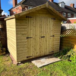 Contact: 07827 915 499
Description

8x6 reverse apex shed
Also available in other sizes
contact us for pricing

Construction details are as follows

Heavy duty 13mm roofing
Heavy duty 22mm (1") flooring
40kg green or blue mineral felt
22mm Swedish T&G redwood log lap
3x2 (75mm x 50mm) framework including the roof & floor
6ft high x 59" wide doors
No windows but windows can be added free of charge 24"x12"
doors comes with pad bolt as in the photo

The whole shed does come pre treated with Tanalith - E
even though the shed is fully tanalised we do recommend at least one coat of oil based paint or a varnish of your choice

Delivery and fitting is free anywhere in the west midlands, We will deliver anywhere else at a reasonable fee and fitting would be free on the day of the delivery as long as you have easy access and a solid level base.
For further information, please call us on
07827 915 499
Thanks