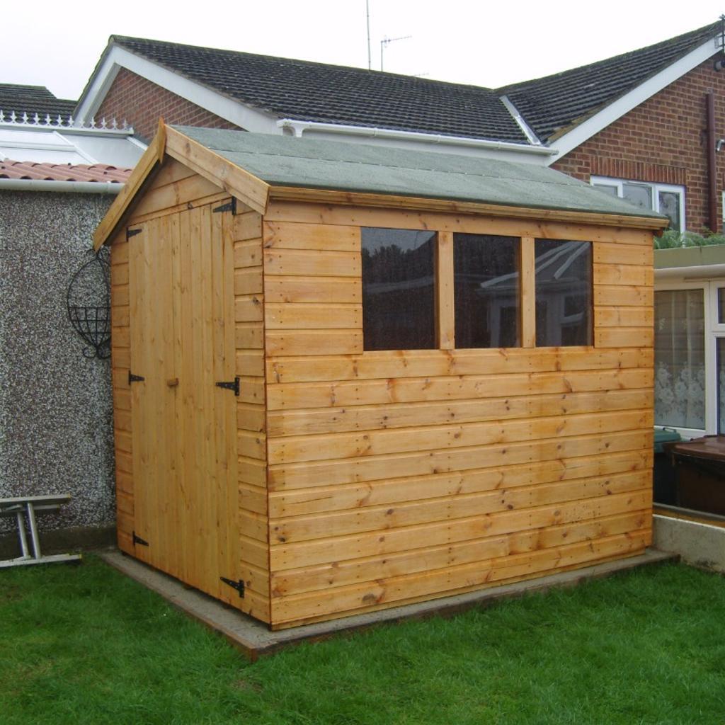 Description
Contact: 07827 915 499
Description

7x5 Apex shed (Fully Tanalised)
Also available in other sizes
contact us for pricing

Construction details are as follows

Heavy duty 13mm roofing
Heavy duty 22mm (1") flooring
40kg green or blue mineral felt
13mm Swedish T&G redwood
3x2 (75mm x 50mm) framework including the roof & floor
6ft high x 59" wide doors
24"x24" windows
doors come with pad bolts

The whole shed does come pre treated with Tanalith - E
even though the shed is fully tanalised we do recommend at least one coat of oil based paint or a varnish of your choice
Delivery and fitting is free anywhere in the west midlands, We will deliver anywhere else at a reasonable fee and fitting would be free on the day of the delivery as long as you have easy access and a solid level base.
For further information, please call us on
07827 915 499
Thanks