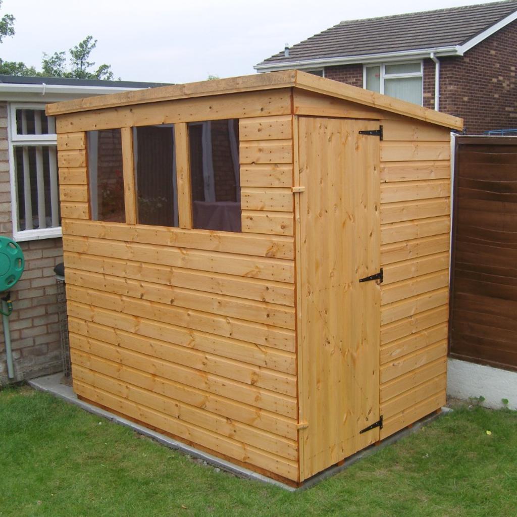 Contact: 07827 915 499
Description

7x5 Pent Roof shed (Fully Tanalised)
Also available in other sizes
contact us for pricing

Construction details are as follows

Heavy duty 13mm roofing
Heavy duty 22mm (1") flooring
40kg green or blue mineral felt
13mm T&G Cladding
3x2 (75mm x 50mm) framework including the roof & floor
6ft high x 30 inch wide door
24"x24" windows
The door will come with a pad bolt

The whole shed does come pre treated with Tanalith - E
even though the shed is fully tanalised we do recommend at least one coat of oil based paint or a varnish of your choice
Delivery and fitting is free anywhere in the west midlands, We will deliver anywhere else at a reasonable fee and fitting would be free on the day of the delivery as long as you have easy access and a solid level base.
For further information, please call us on
07827 915 499
Thanks