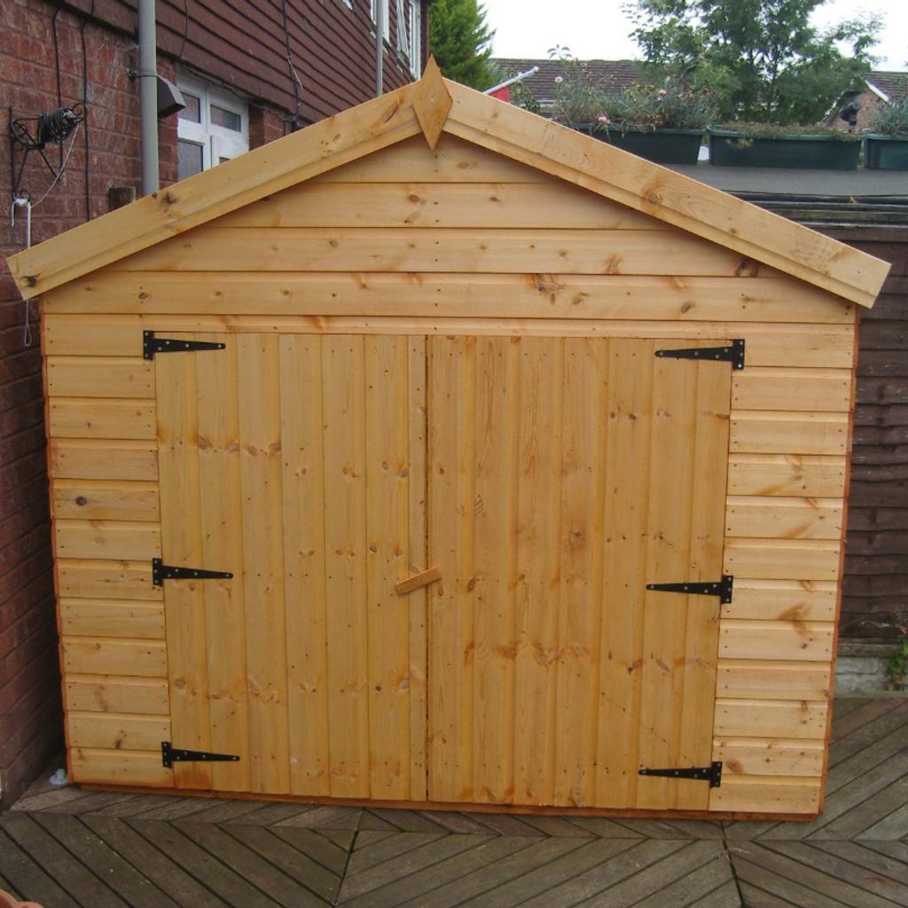 Contact: 07827 915 499
Description

6x3 Reverse Apex store shed(fully tanalised)
Also available in other sizes
contact us for pricing

Construction details are as follows

Heavy duty 13mm roofing
Heavy duty 22mm (1") flooring
40kg green or blue mineral felt
22mm Swedish T&G redwood log lap
3x2 (75mm x 50mm) framework including the roof & floor
5ft 4 high x 59" wide doors (can be made higher at no extra cost)
doors come with pad bolts inside and out

The whole shed does come pre treated with Tanalith - E
even though the shed is fully tanalised we do recommend at least one coat of oil based paint or a varnish of your choice
Delivery and fitting is free anywhere in the west midlands, We will deliver anywhere else at a reasonable fee and fitting would be free on the day of the delivery as long as you have easy access and a solid level base.
For further information, please call us on
07827 915 499
Thanks