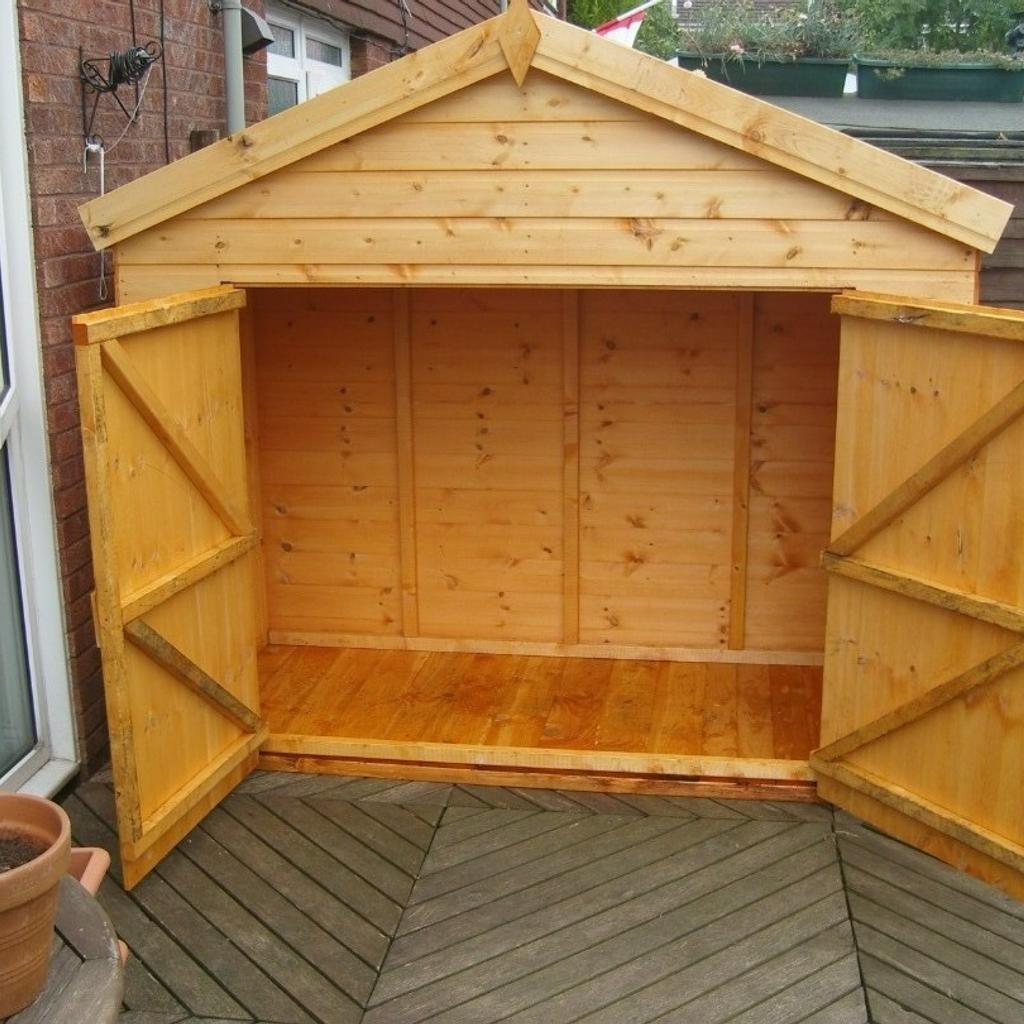 Contact: 07827 915 499
Description

6x3 Reverse Apex store shed(fully tanalised)
Also available in other sizes
contact us for pricing

Construction details are as follows

Heavy duty 13mm roofing
Heavy duty 22mm (1") flooring
40kg green or blue mineral felt
22mm Swedish T&G redwood log lap
3x2 (75mm x 50mm) framework including the roof & floor
5ft 4 high x 59" wide doors (can be made higher at no extra cost)
doors come with pad bolts inside and out

The whole shed does come pre treated with Tanalith - E
even though the shed is fully tanalised we do recommend at least one coat of oil based paint or a varnish of your choice
Delivery and fitting is free anywhere in the west midlands, We will deliver anywhere else at a reasonable fee and fitting would be free on the day of the delivery as long as you have easy access and a solid level base.
For further information, please call us on
07827 915 499
Thanks