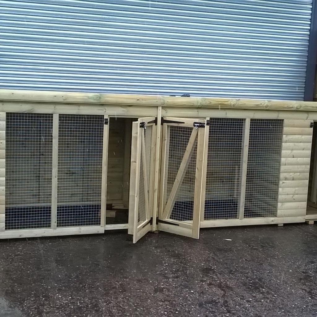 Contact: 07827 915 499
Description

16x4 double kennel with runs
51” high at the front 46” at the back
3x4 sleeping areas
5x4 runs

Construction details are as follows

Heavy duty 13mm roofing
Heavy duty 22mm (1") flooring
40kg green or blue mineral felt
22mm Swedish T&G redwood log lap
3x2 (75mm x 50mm) framework including the roof & floor

doors come with pad bolts as in the photo

The whole shed does come pre treated with Tanalith - E
even though the shed is fully tanalised we do recommend at least one coat of oil based paint or a varnish of your choice
Delivery and fitting is free anywhere in the west midlands, We will deliver anywhere else at a reasonable fee and fitting would be free on the day of the delivery as long as you have easy access and a solid level base.
For further information, please call us on
07827 915 499
Thanks