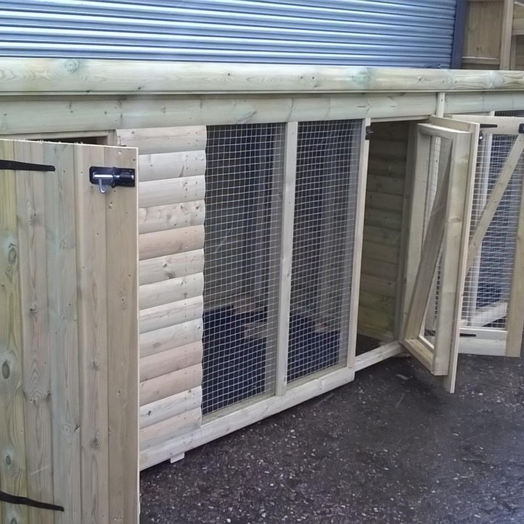Contact: 07827 915 499
Description

16x4 double kennel with runs
51” high at the front 46” at the back
3x4 sleeping areas
5x4 runs

Construction details are as follows

Heavy duty 13mm roofing
Heavy duty 22mm (1") flooring
40kg green or blue mineral felt
22mm Swedish T&G redwood log lap
3x2 (75mm x 50mm) framework including the roof & floor

doors come with pad bolts as in the photo

The whole shed does come pre treated with Tanalith - E
even though the shed is fully tanalised we do recommend at least one coat of oil based paint or a varnish of your choice
Delivery and fitting is free anywhere in the west midlands, We will deliver anywhere else at a reasonable fee and fitting would be free on the day of the delivery as long as you have easy access and a solid level base.
For further information, please call us on
07827 915 499
Thanks
