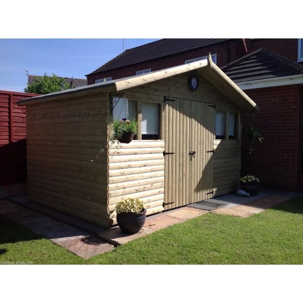 Contact: 07827 915 499
Description

12x8 Reverse Apex shed
Also available in 12x10
contact us for pricing

Construction details are as follows

Heavy duty 13mm roofing
Heavy duty 22mm (1") flooring
40kg green or blue mineral felt
22mm Swedish T&G redwood log lap
3x2 (75mm x 50mm) framework including the roof & floor
6ft high x 59" wide doors
24"x24" windows
doors come with pad bolts as in the photo

The whole shed does come pre treated with Tanalith - E
even though the shed is fully tanalised we do recommend at least one coat of oil based paint or a varnish of your choice
Delivery and fitting is free anywhere in the west midlands, We will deliver anywhere else at a reasonable fee and fitting would be free on the day of the delivery as long as you have easy access and a solid level base.
For further information, please call us on
07827 915 499
Thanks
