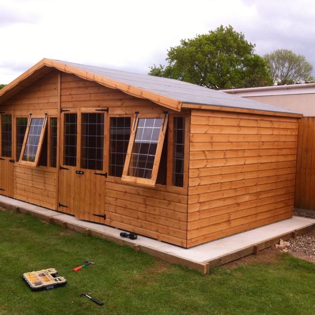 Contact: 07827 915 499
Description

20x10 summer house
Also available in other sizes
contact us for pricing

Construction details are as follows

Heavy duty 13mm roofing
Heavy duty 22mm (1") flooring
40kg green or blue mineral felt
13mm Swedish redwood T&G
3x2 (75mm x 50mm) framework including the roof & floor
6ft high x 59" wide doors
38”x24" windows( leaded or plain)
doors come with pad bolts as in the photos
also come with window catches the close from inside

The whole shed does come pre treated with Tanalith - E
even though the shed is fully tanalised we do recommend at least one coat of oil based paint or a varnish of your choice
Delivery and fitting is free anywhere in the west midlands, We will deliver anywhere else at a reasonable fee and fitting would be free on the day of the delivery as long as you have easy access and a solid level base.
For further information, please call us on
07827 915 499
Thanks