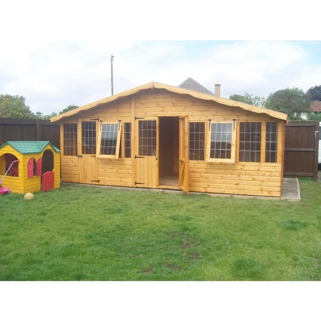 Contact: 07827 915 499
Description

20x10 summer house
Also available in other sizes
contact us for pricing

Construction details are as follows

Heavy duty 13mm roofing
Heavy duty 22mm (1") flooring
40kg green or blue mineral felt
13mm Swedish redwood T&G
3x2 (75mm x 50mm) framework including the roof & floor
6ft high x 59" wide doors
38”x24" windows( leaded or plain)
doors come with pad bolts as in the photos
also come with window catches the close from inside

The whole shed does come pre treated with Tanalith - E
even though the shed is fully tanalised we do recommend at least one coat of oil based paint or a varnish of your choice
Delivery and fitting is free anywhere in the west midlands, We will deliver anywhere else at a reasonable fee and fitting would be free on the day of the delivery as long as you have easy access and a solid level base.
For further information, please call us on
07827 915 499
Thanks
