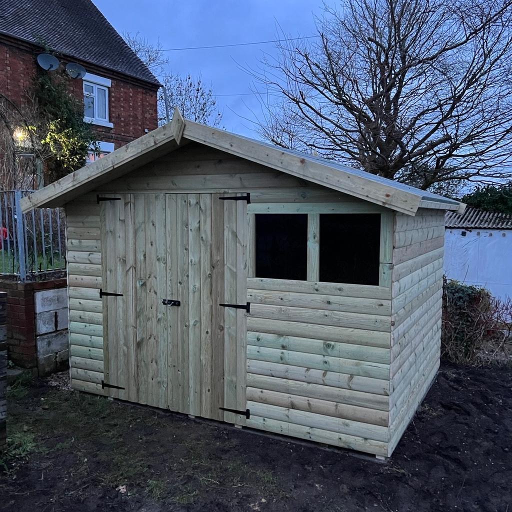 Contact: 07827 915 499
Description

10x8 Reverse Apex shed
Also available in other sizes
contact us for pricing

Construction details are as follows

Heavy duty 13mm roofing
Heavy duty 22mm (1") flooring
40kg green or blue mineral felt
22mm Swedish T&G redwood log lap
3x2 (75mm x 50mm) framework including the roof & floor
6ft high x 59" wide doors
24"x24" windows
doors come with pad bolts as in the photo

The whole shed does come pre treated with Tanalith - E
even though the shed is fully tanalised we do recommend at least one coat of oil based paint or a varnish of your choice
Delivery and fitting is free anywhere in the west midlands, We will deliver anywhere else at a reasonable fee and fitting would be free on the day of the delivery as long as you have easy access and a solid level base.
For further information, please call us on
07827 915 499
Thanks