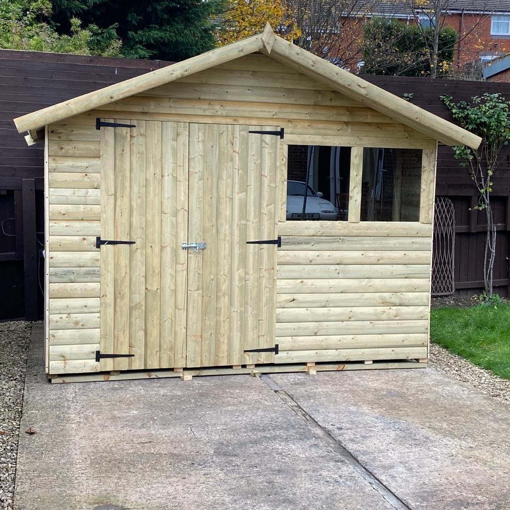 Contact: 07827 915 499
Description

10x8 Reverse Apex shed
Also available in other sizes
contact us for pricing

Construction details are as follows

Heavy duty 13mm roofing
Heavy duty 22mm (1") flooring
40kg green or blue mineral felt
22mm Swedish T&G redwood log lap
3x2 (75mm x 50mm) framework including the roof & floor
6ft high x 59" wide doors
24"x24" windows
doors come with pad bolts as in the photo

The whole shed does come pre treated with Tanalith - E
even though the shed is fully tanalised we do recommend at least one coat of oil based paint or a varnish of your choice
Delivery and fitting is free anywhere in the west midlands, We will deliver anywhere else at a reasonable fee and fitting would be free on the day of the delivery as long as you have easy access and a solid level base.
For further information, please call us on
07827 915 499
Thanks
