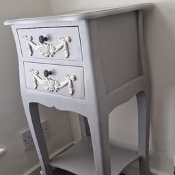 Dunelm French dresser and Bedside table, 2 drawers in the dresser and 2 in the bedaide table. Light grey with white details, they both have a few light marks. They were originally white but were painted, so it could be done again quite easily