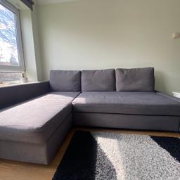 This sofa converts quickly and easily into a spacious bed when you remove the back cushions and pull out the underframe.

Sofa, chaise longue and double bed in one.

Storage space under the chaise longue. The lid stays open so you can safely and easily take things in and out.

You can place the chaise longue section to the left or right of the sofa, and switch whenever you like.

> this is still in very good condition, and for more infomation on the product click on the link below:

https://www.ikea.com/gb/en/p/friheten-corner-sofa-bed-with-storage-skiftebo-dark-grey-s09133543/