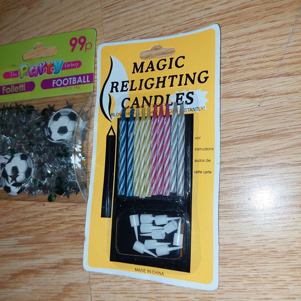 new x 2 items
football foiletti
magic relighting candles