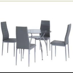 This HOMCOM Dining Set is a great piece of furniture to have in your home, It adds elegance and sophistication to any dining room. The set consists of 4 chairs and a table, the chairs are made from a metal frame and is covered with PVC for the seating and backrest. The table also has a metal frame with a glass top. This is an ideal set for any family home which will match any room dÃ©cor.

FEATURES:

A Set includes a table and four chairs
Made from a metal frame, offering superior strength and stability
8mm tempered glass for the table top
Padded PVC seat and backrest cushions offering better sitting experience
Rubber feet for protection of furniture and floor