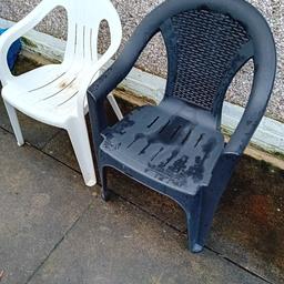 2x Plastic garden chairs 1 in black and 1 in white different designs -  could do with a clean as been used and kept in garden all year round However does not affect the use of in any way and still overall good usable condition 

NO DAMAGE OR ISSUES 

Postcode For Collection Is BD2 4BS - Just off Queens Road Bradford 2 

Delivery requests will incur a extra charge of minimum £10 plus