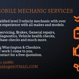 Sick of being overcharged at the garage for repairs and servicing?
Sick of the long waiting times to get your vehicle booked in?
Work or home I come you.

I'm a Fully qualified level 3 vehicle mechanic with over 16years experience on cars and vans all makes and models based in Warrington.

💥 Servicing
💥 Brakes
💥 Repairs
💥 Engine diagnostics
And much more...

Please feel free to message.