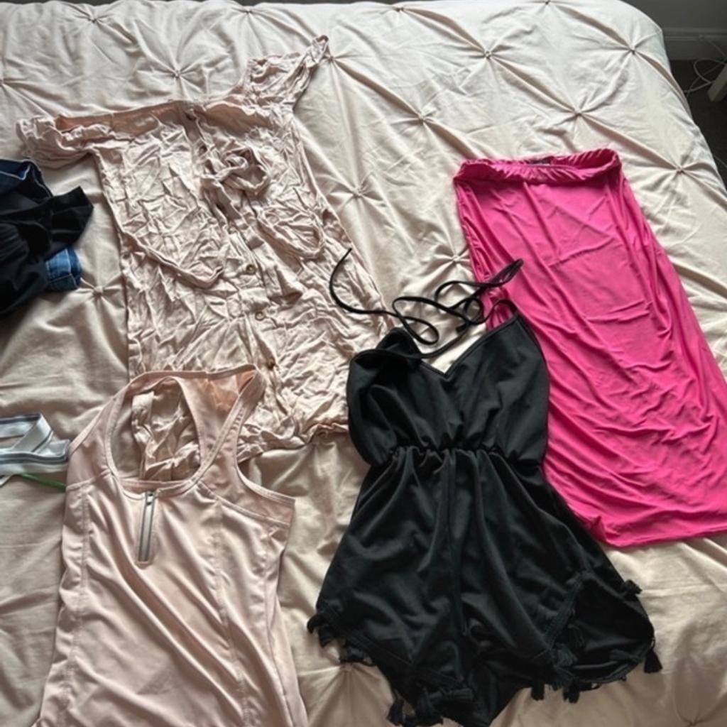X1 PLT peach pink Bardot dress
X1 PLT hot pink midi skirt
X1 primark gym top pink
X1 PLT black play suit with tassels
X1 PLT black unitard
X2 misguided denim skirts one black 1 blue
X1 quiz play suit
X1 plt fake leather shorts with belt
X1 missy empire nude shorts frill
X1 PLT bandau summery top
X1 oh Polly pink dress
X1 oh Polly ivory dress
X1 missy empire blue mini dress (has stain)
X1 vesper midi split leg dress blue (seams need re sewing)
X1 misguided Green bodycon dress
X1 plt white ruched dress
X1 plt black cycle shorts

***all items worn once or twice max, smoke and pet free home***
***collection preferred, LOCAL delivery may be possible***