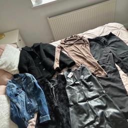 X1 brand new misguided Dalmatian skirt
X1 new look rose crop cami top 
X1 H&M play suit 
X1 QUIZ green bodycon dress
X1 new look floral peplum top 
X1 PLT black cargos
X1 PLT brown rib dress
X1 H&M denim jacket
X1 PLT teddy Borg jacket
X1 new look fur gilet
X1 brand new primark fake leather dress

***all great condition, smoke and pet free home****
***collection preferred, LOCAL collection may be considered***