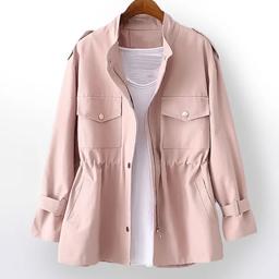 A short, stylish, lightweight trenchcoat in a cute pink.