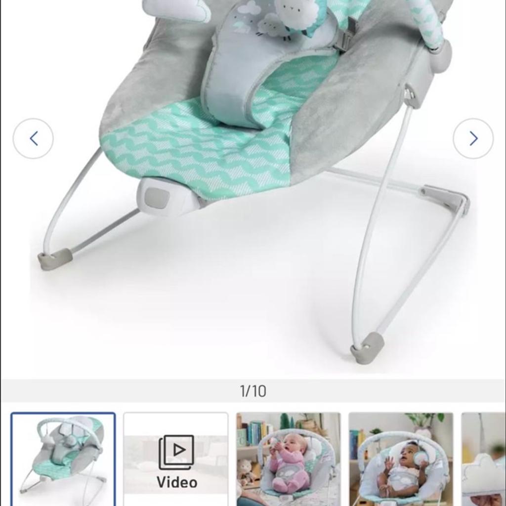 Brand new never been used

About this product
The plush, removable headrest helps keep newborns comfortable. As they grow and begin to kick those legs, baby can create their own steady bounce. The removable toy bar with 2 toys entertains, while the soothing motion of the vibrating seat helps calm. With an easy-to-clean seat pad and modern fabric design, this bouncy seat will fit right into your home and your family's routine.

Babies can cozy up with soothing vibrations & the plush, removable headrest.

Removable toy bar & 2 playtime toys.

Adjustable 3-point harness keeps baby secure.

Neutral, versatile design blends into the home.

Features:

Features soothing vibrations .
Detachable toy bar with 2 toys.
3 point safety harness.
Detachable head hugger for extra support of baby's head.
Support strap to keep baby secure.
General information:

Suitable from birth.
Suitable for babies up to 9kg.
Removable washable cover - machine washable.
Batteries required 1 x C .
Size H42.24, W53.34,