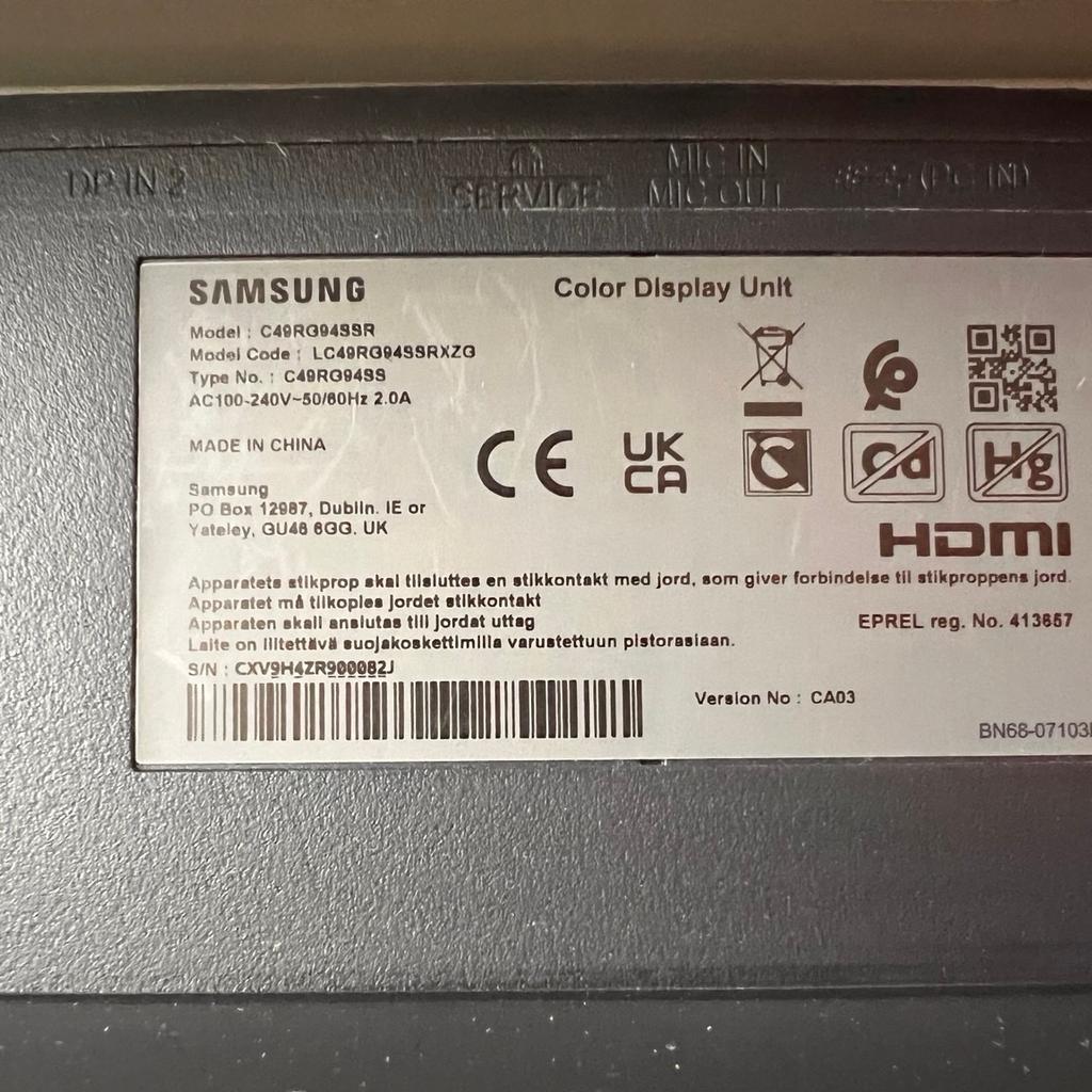 Ich verkaufe meinen Samsung Odyssey C49RG94SSR Monitor. Keine Mängel.
Technische Details:

Samsung Odyssey Ultra Wide DQHD Gaming Monitor C49RG94SSR, 49 Zoll, VA-Panel, QLED, DQHD-Auflösung, HDR1000, AMD FreeSync 2 HDR, Bildwiederholrate 120 Hz, Reaktionszeit 4 ms

Nur Selbstabholung.