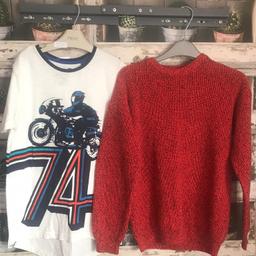 THIS IS FOR A BUNDLE OF NEW CLOTHES

1 X WHITE T-SHIRT WITH MOTORCYCLE THEME - WASHED BUT NEVER WORN
1 X RED KNITTED JUMPER WITH BLACK THREAD RUNNING THROUGH GARMENT - ONLY WORN A FEW TIMES 

PLEASE SEE PHOTO