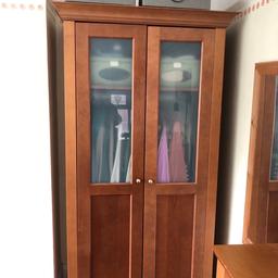 Matching wardrobes & drawer unit In a lovely colour
One wardrobe has opaque glass which compliments the other
Spacious shelving & hanging space with interior light
Kept in good condition with some wear & tear over time  as shown in last pic & reflected in price 
Will need collecting 
Reasonable offers welcome