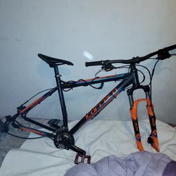 FULL 29" SULCATA FRAME WITH BRAKES, GEARS AND CLEAN BLACK AND ORANGE ALUMINIUM FRAME NOT BANGED UP. HYDRAULIC FRONT SHOCKS ALL WORKING FINE. JUST NEEDS WHEELS OR COULD BE A GOOD ELECTRIC OR PETROL CONVERSION DONER BIKE. £40 NO OFFERS, COLLECTION ONLY.