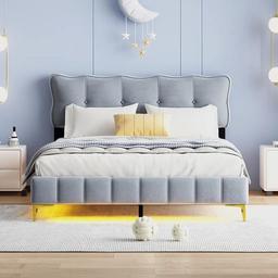 Polsterbett 160x200cm mit LED, Jugendbett Doppelbett mit Lattenrost, Holzbett Klassische Betten, Samt, Grau