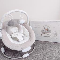 Counting sheep bouncer. Slightly used. Need new batteries.
Collection only, cash only.

It’s made in soft-touch fabrics with beautiful print and embroidery details, and features a head support cushion for newborns. The toy bar has two sleepy sheep toys, and your baby will enjoy the soothing vibration and music features.

It’s suitable from birth to around 6 months, or once the child can sit unaided.