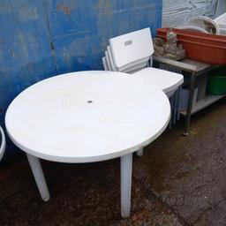 LARGE WHITE PLASTIC TABLE , CAN DELIVER LOCALLY FOR PETROL. 4 X CHAIRS. USED BUT PLENTY LIFE IN THEM.