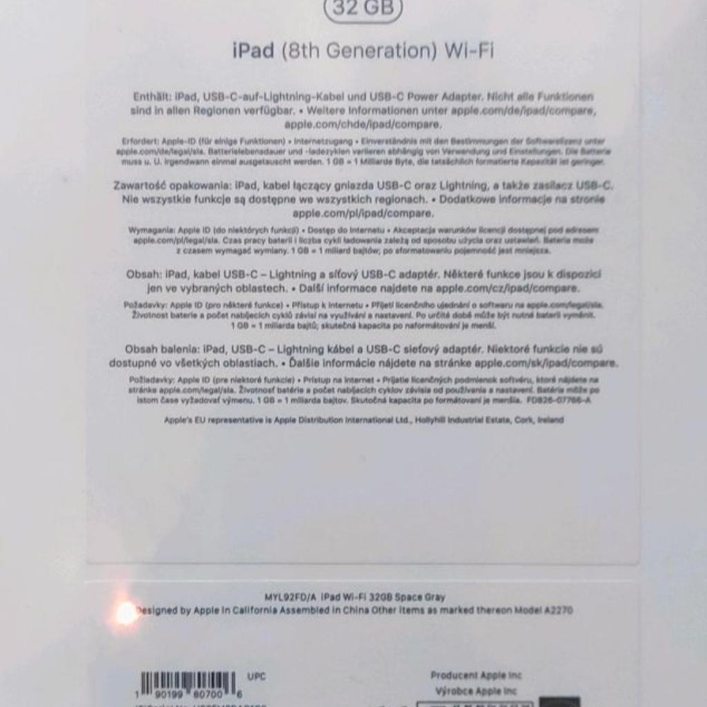 Ich verkaufe dieses Apple iPad der 8. Generation 32 GB in Space Gray.

Es ist NEU und ORIGINALVERPACKT, in Folie eingeschweißt und wurde nie benutzt.

Im Lieferumfang enthalten ist das Ipad, USB-C-auf Lighting-Kabel und USB-C Power Adapter.

Es war ein Geschenk, das keine Verwendung findet.

Zu dem Ipad verkaufe ich die passende Hülle von SHOCKGUARD in schwarz. Diese schützt das iPad optimal. Auch diese wurde nie benutzt und befindet sich in der Originalverpackung.