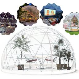 NEW  

Price: £649.99 inc VAT  

𝐖𝐈𝐃𝐄 𝐔𝐒𝐀𝐆𝐄: Garden dome can be installed both on soft and hard surfaces. The igloo domes are great for restaurants, cafes, clubs, coffee bars, events, weddings, festivals, parties, outdoor dining, social distancing greenhouse, playhouse, Christmas, New Years and many more events.  
Size: 3.6 x 3.6m  

Accommodates (to be used for guidance purposes only):      

People standing: 15  

Number of 6ft tables: 3  

Number of chairs: 13  

Quick and easy to set up - easy to follow instructions  

Advanced click base connectors AND upper frame connectors - no bolts or screws required;   

Includes two anchoring kits: pegs for soil or sand and metal brackets for wood or concrete;  

Contents: we  

PVC cover;  

Connectors;  

PC frame;  

Anchoring pegs;  

Metal anchoring nails with brackets;  

Instruction manual
Optional extras available including carry case, flooring, half transparent cover, sand weight bags and water weights