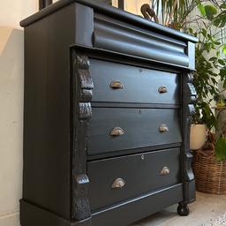 Newly refurbished large solid wood antique chest of drawers painted in blackjack by frenchic and antique bronze lion cup handles added £395 collection SM1 or national delivery available