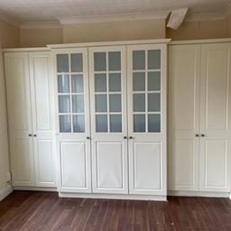 For sale
£200 or near offer for all 4 wardrobes.
Buyer will need to dismantle.
Sizes are

Right Hand side double wardrobe
H230cm
W90cm
D52vm

Middle Right double wardrobe
H230cm
W110cm
D55cm

Middle Left single wardrobe
H230cm
W55
D53

Left hand side wardrobe
H230
W80cm
D55