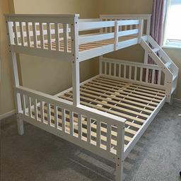 Lovely white wooden triple bunk bed

Double on bottom

Single on top

Can also be separated into two separate beds

Excellent condition less than 12 months old only selling as my child will not climb up so I’m having no to look at alternative beds

Double mattress as new can be included for additional cost of £40 as this is a £200 mattress

No single mattress included
