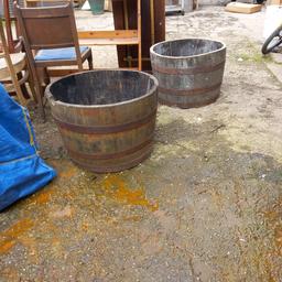 2 X BARREL GARDEN PLANTERS , MAKE EXCELLENT GARDEN FEATURE.  LARGE , HEAVY. £25 EACH OR BOTH FOR £40