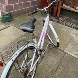 Ladies bicycle pink and white in colour in god condition 
Everything works as it should brake and gears work well 
Good tyres and no buckles in the wheels