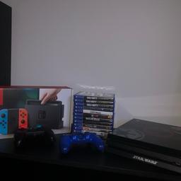 PS4 pro 1TB - Star Wars edition - used but in great condition - Blue ps4 controller included.
Comes with 12 ps4 games ( some which are brand new )

Nintendo switch 32GB - Red & Blue -  only used a couple of times like brand new - comes with an additional switch controller.
I bought an additional switch pro controller which I put in for free ( as seen in photos ).

All wires are included for both consoles. 

Feel free to message me any info as I am an active typer but please try not to time waste . Thank you !