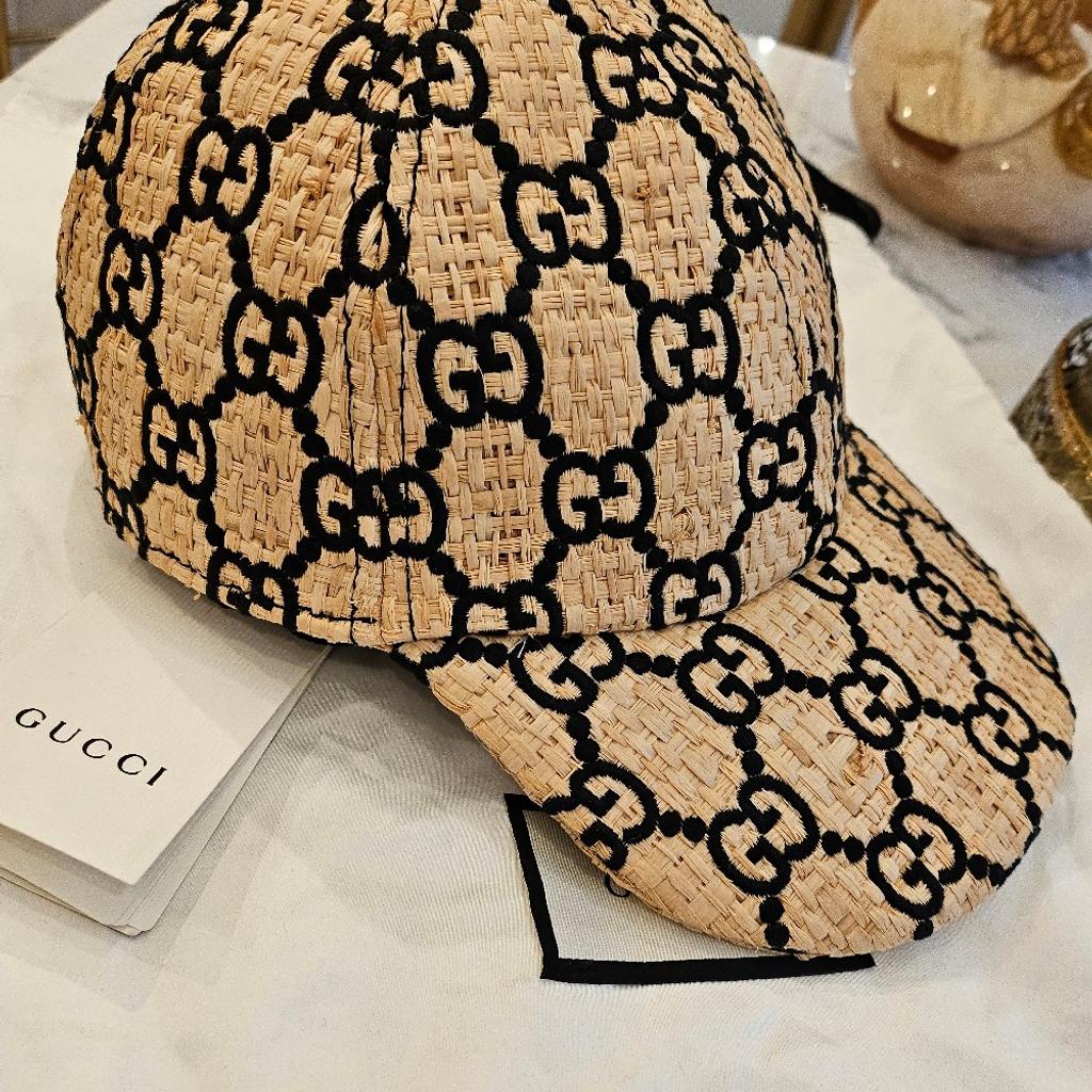 Original Gucci Raffia GG Monogram Elaphe Embroidered Aisha Baseball Hat M Ivory Black Gr.L mit Etikett Neu!