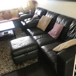 3 piece leather suite. 3 seater 2 seater chair and footstool. Was £2300 when new, brought from DFS 8 years ago
Only wear is on the left arm of the chair, rest of the sofas are in very good condition. The 2 seater is like new, barely sat on. Comes from a pet and smoke free home. Prefer collection, or can organise a man-with-van if youre happy to pay him.

3 seater is 217cm arm to arm, widest point
2 seat is 160cm at widest point
Chair is 102cm at widest point
You can see from the photo they get narrower at the back

The footstool is 60cm long 55cm wide and 41cm high

Im selling the rug too if youre interested. £500 when new, selling for £90 , its 255cm by 183cm. Its been looked after and is clean