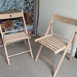 Set of Two Wooden foldable chairs from IKEA

Width: 44 cm
Depth: 51 cm
Height: 77 cm
Seat width: 38 cm
Seat depth: 33 cm
Seat height: 46 cm