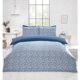 Pebbles Geo Blue  duvet set 
Finished in a tranquil blue colour, this bedding set features an all-over retro abstract geometric design with a matching plain dyed reverse. Made with 180 thread count microfibre making it non-iron and durable. Single includes 1 pillowcase, double and king size include 2 pillowcases. Reversible. Popper fastening. 100% polyester. Machine washable.

Avail in single £10.00
Double £14.00
King size £16.00 
Postage £3.95 

From smoke free environment