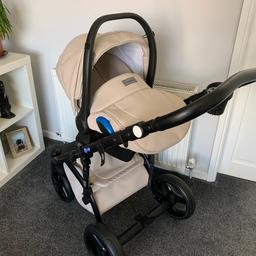 Bebeboo pram in biscuit plus’s multi reclining carry cot car seet & adapters to fit to pram 2 bags gloves Margarate rain cover drinks holder, carry cot apron is missing, all items thoroughly cleaned lovely pram viewing recommended you won’t be disappointed 