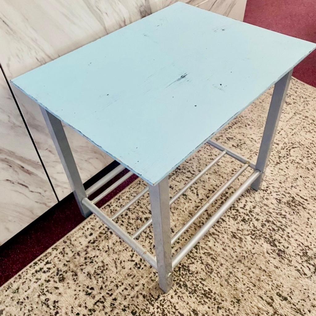 Shabby Chic baby blue upcycled Table
Blue/sliver table metal frame with wood top.
Has been painted and varnished.
Dimensions: W 51cm x D 40cm x H 48cm
COLLECTION ONLY SHILDON