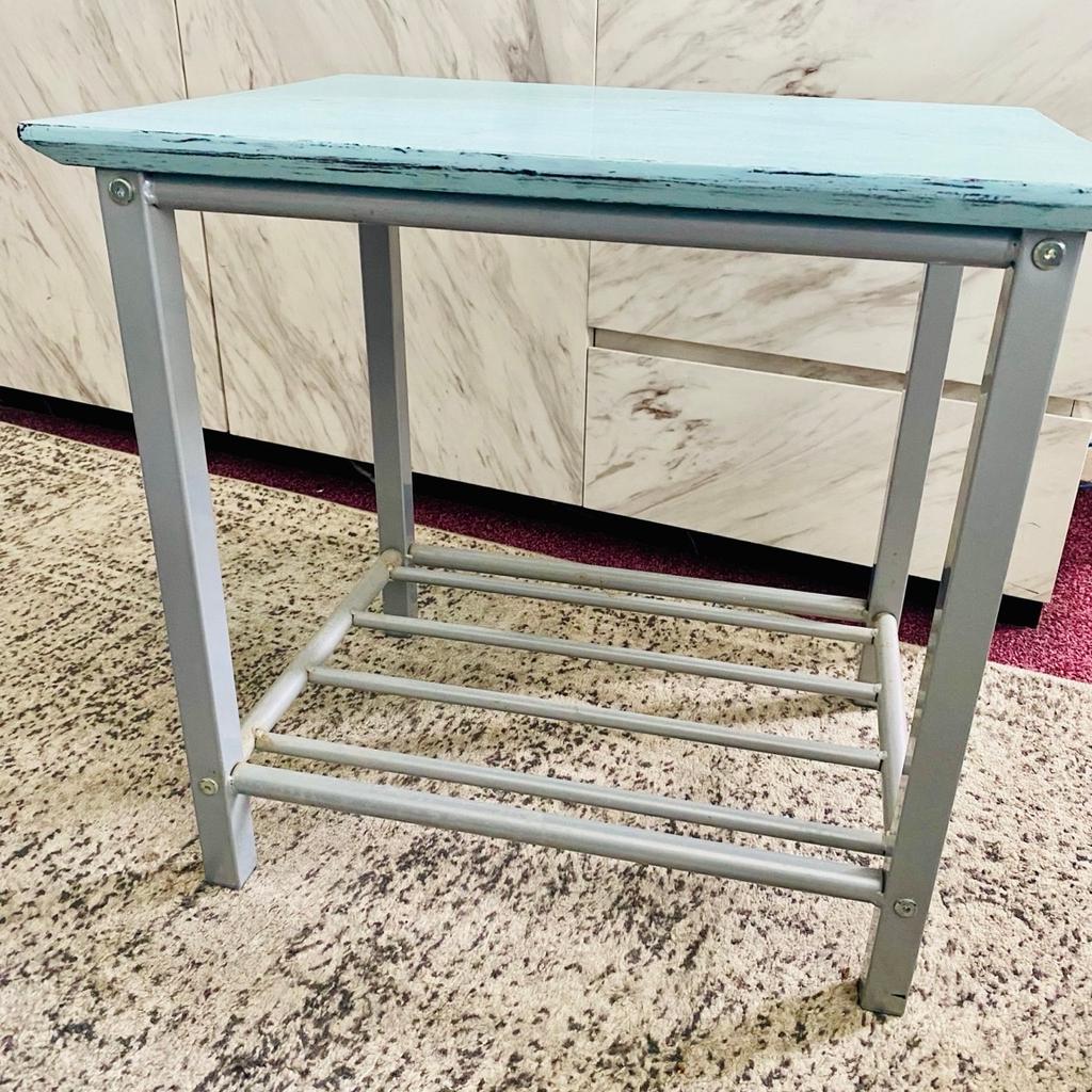 Shabby Chic baby blue upcycled Table
Blue/sliver table metal frame with wood top.
Has been painted and varnished.
Dimensions: W 51cm x D 40cm x H 48cm
COLLECTION ONLY SHILDON