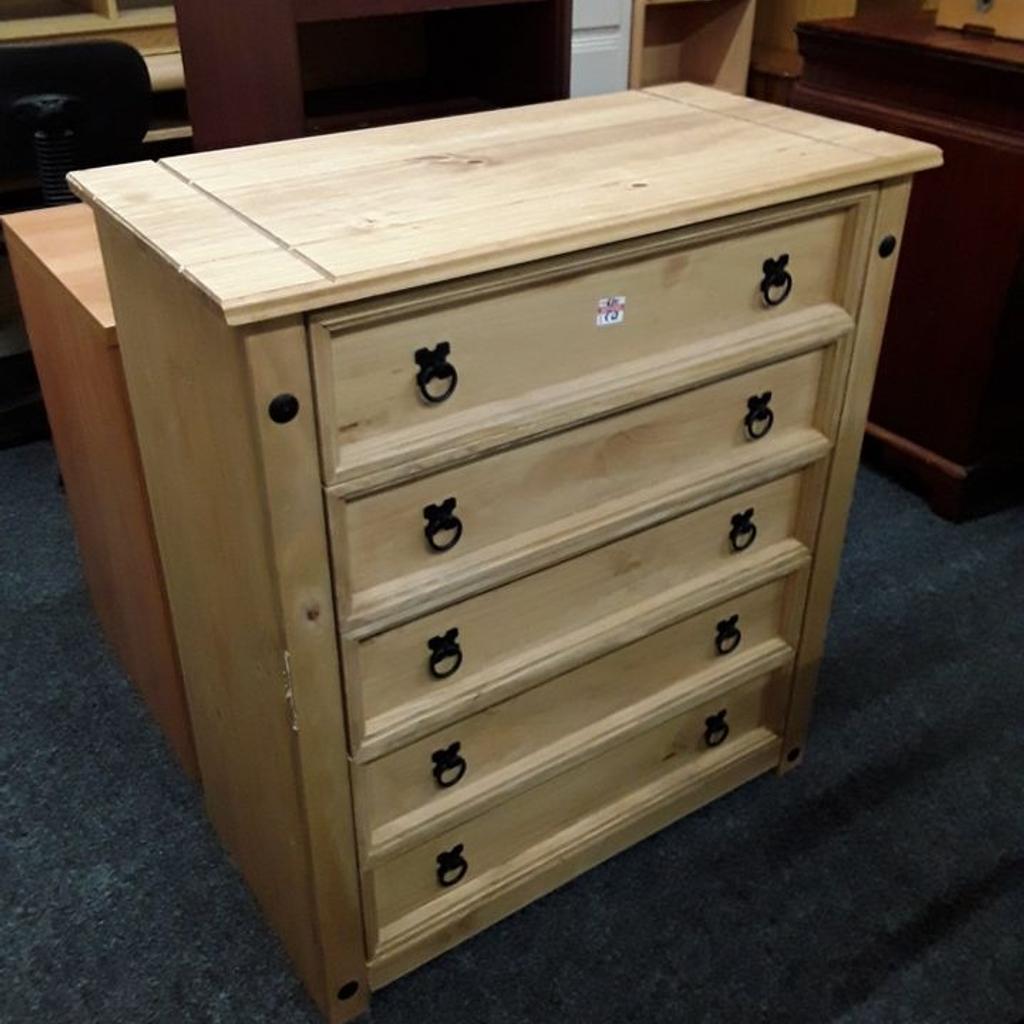SALE - Was £80 NOW £68.

This lovely solid corona pine chest of drawers are in good all-round used condition. Some marks on the wood in places here and there and a few light scratches on the side corner edge...

31.5 inches wide x 16 inches deep x 35 inches high.

Our second hand furniture mill shop is LOW COST MOVES, at St Paul's trading estate, Copley Mill, off Huddersfield Road, Stalybridge SK15 3DN... Delivery available for an extra charge.

There are some large metal gates next to St Paul's church... Go through them, bear immediate left and we are at the bottom of the slope, up from the red steps...

If you are interested in this or any other item, please contact me on 07734 330574, or on the shop 0161 879 9365...Many thanks, Helen.

We are OPEN Monday to Friday from 10 am - 5 pm and Saturday 10 am - 3.30 pm... CLOSED Sundays. CLOSED Bank Holiday long weekends...